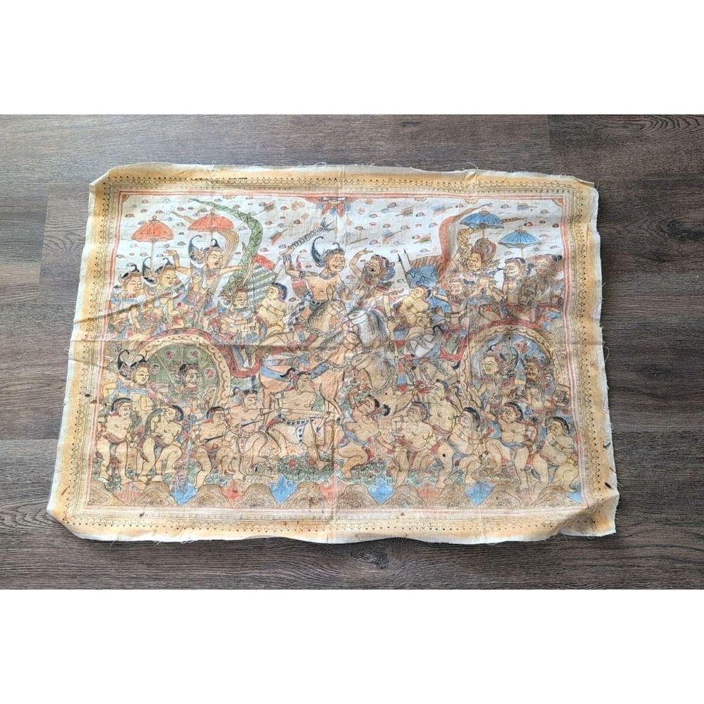 Vintage Kamasan Bali Indonesia Textile Hand Painting Mythology 34" X 24" Notes